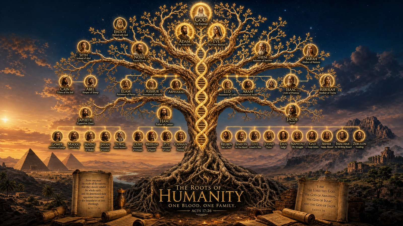Biblical family tree with golden branches and nodes