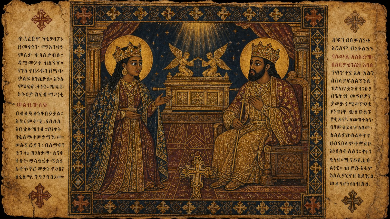 Ancient Ethiopian manuscript depicting Queen of Sheba and King Solomon
