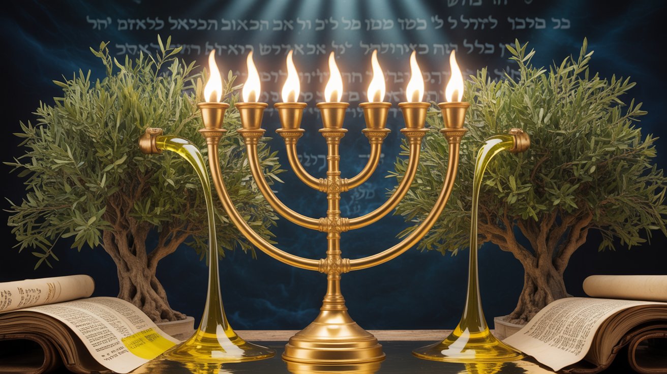 The Two Olive Branches - Golden Menorah flanked by two olive trees flowing with oil