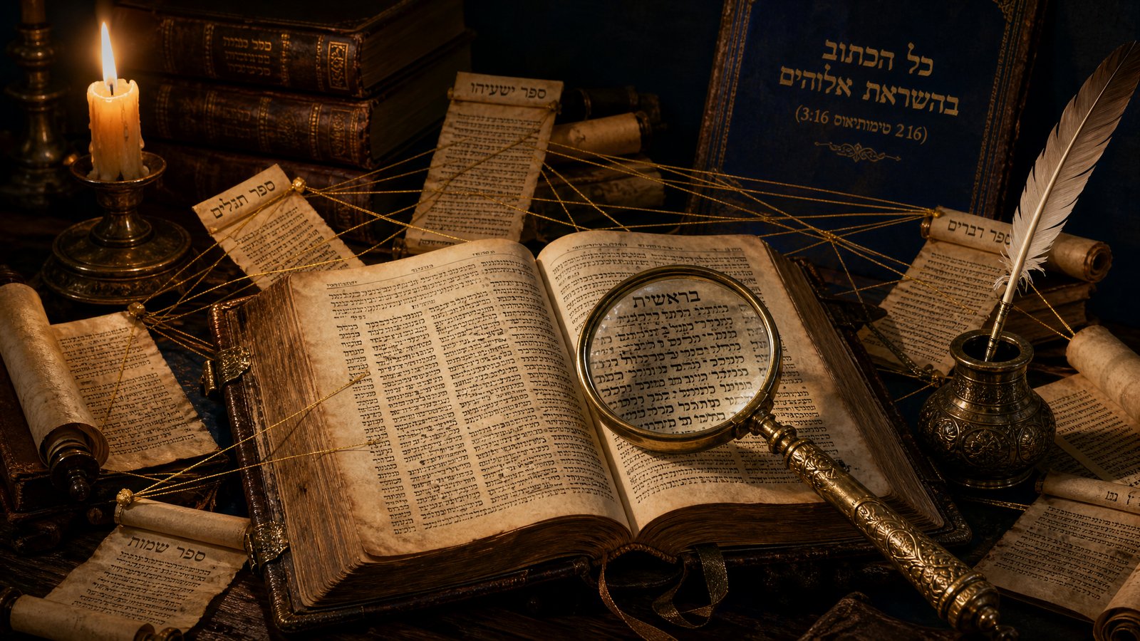 Scholarly desk with open Bible and cross-reference scrolls