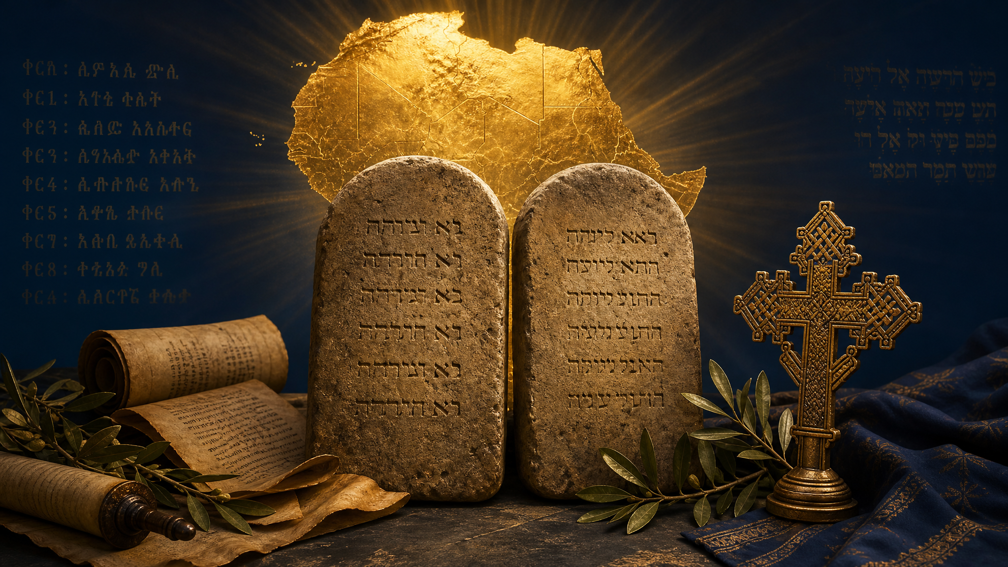 Ancient stone tablets with the African continent glowing in golden light