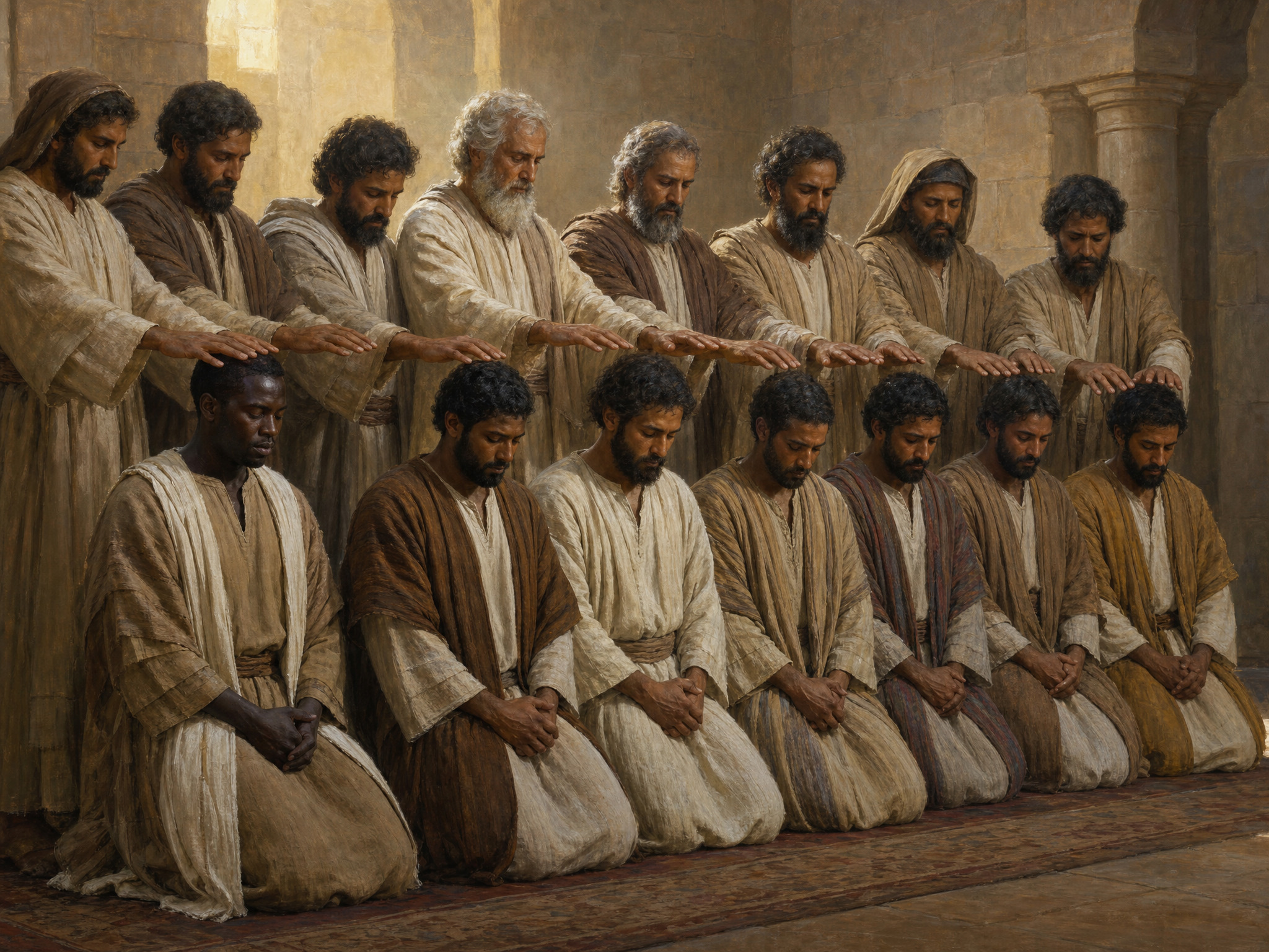 The ordination of the seven deacons — the apostles laying hands on a diverse group including a black African man