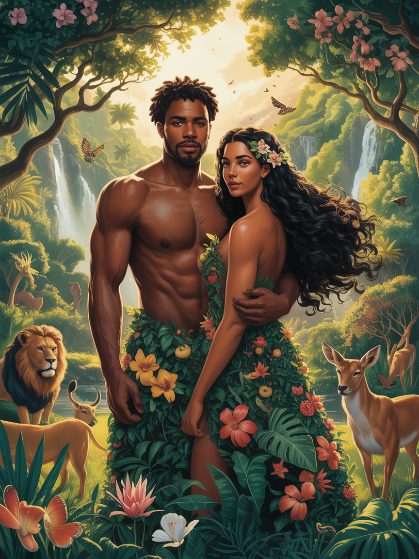Adam and Eve in the Garden of Eden — dark-skinned first humans surrounded by paradise