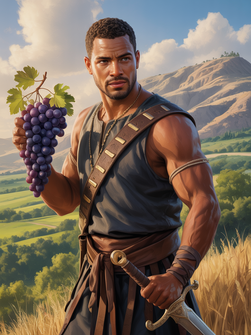 Caleb the Kenizzite holding grapes from Eshcol overlooking the Promised Land