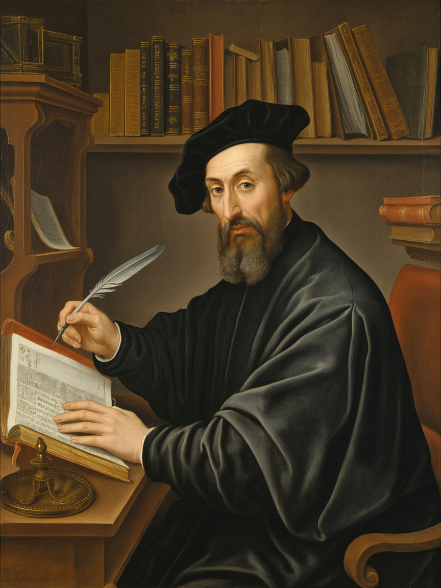 John Calvin writing at his desk in Geneva with an open Bible