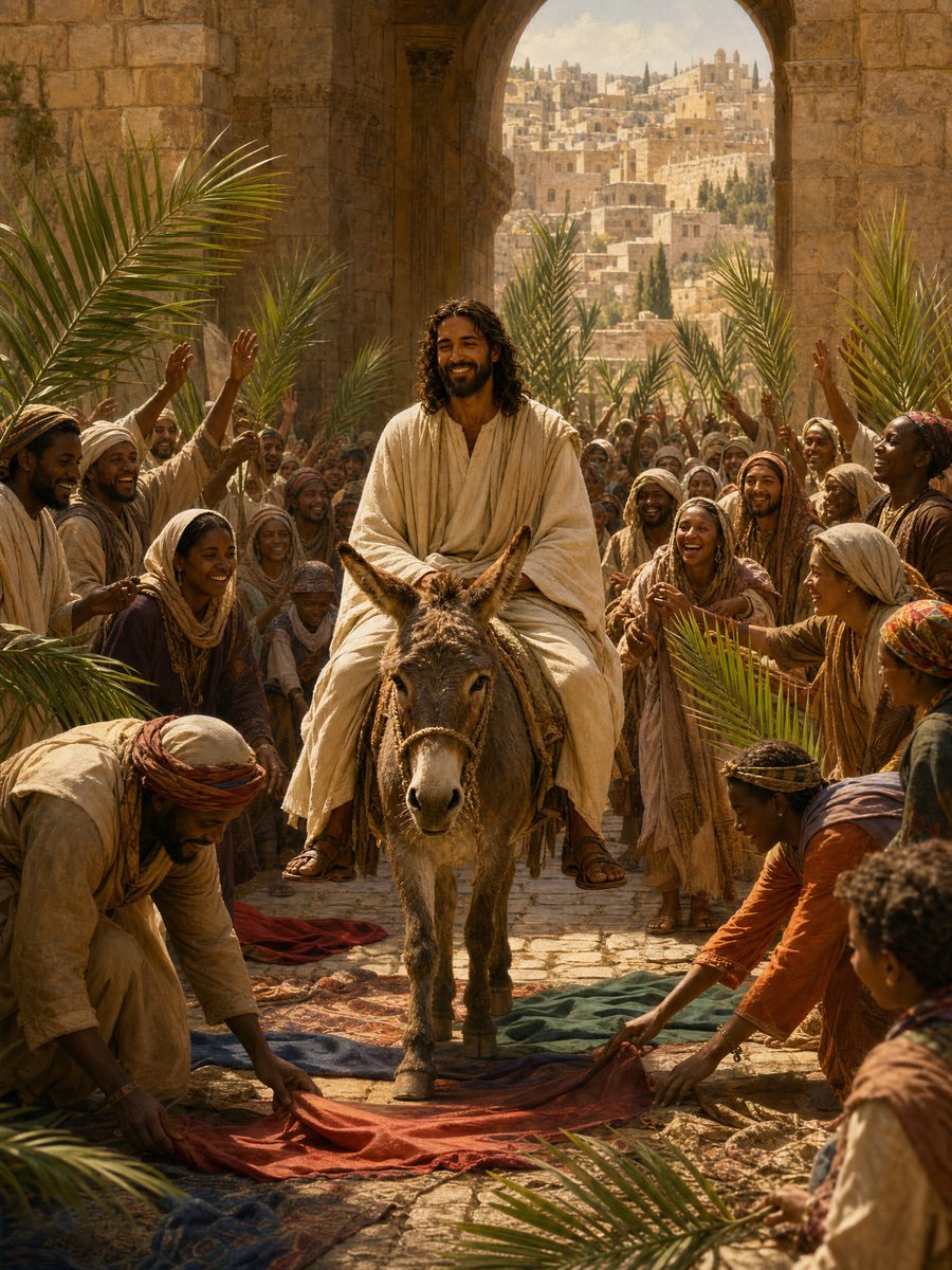 Brown-skinned Jesus riding a donkey into Jerusalem as a diverse crowd waves palm branches