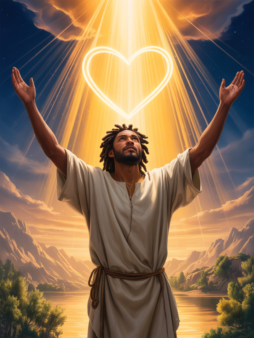 David with arms raised in worship, divine light streaming down — A Man After God’s Own Heart