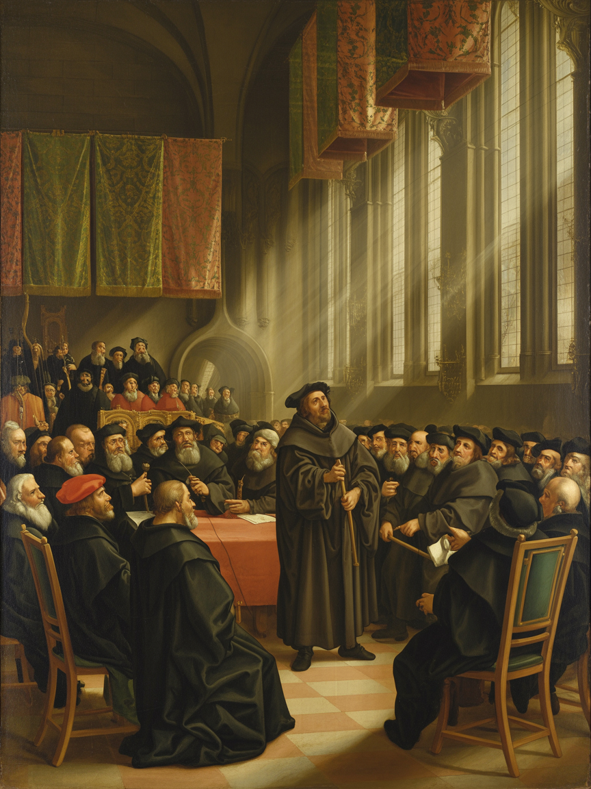 Luther standing before Emperor Charles V at the Diet of Worms — conscience bound by Scripture