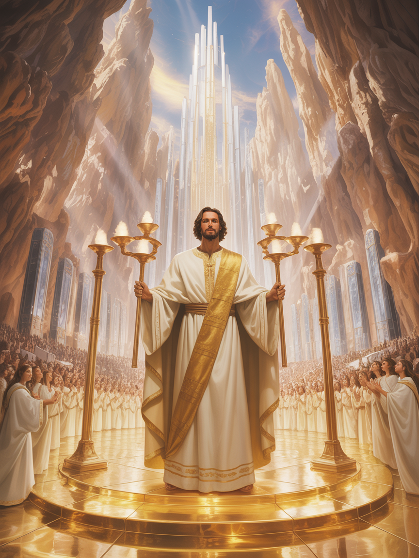 Christ as High Priest in the heavenly sanctuary — a dark-skinned Jesus in priestly robes amid golden lampstands