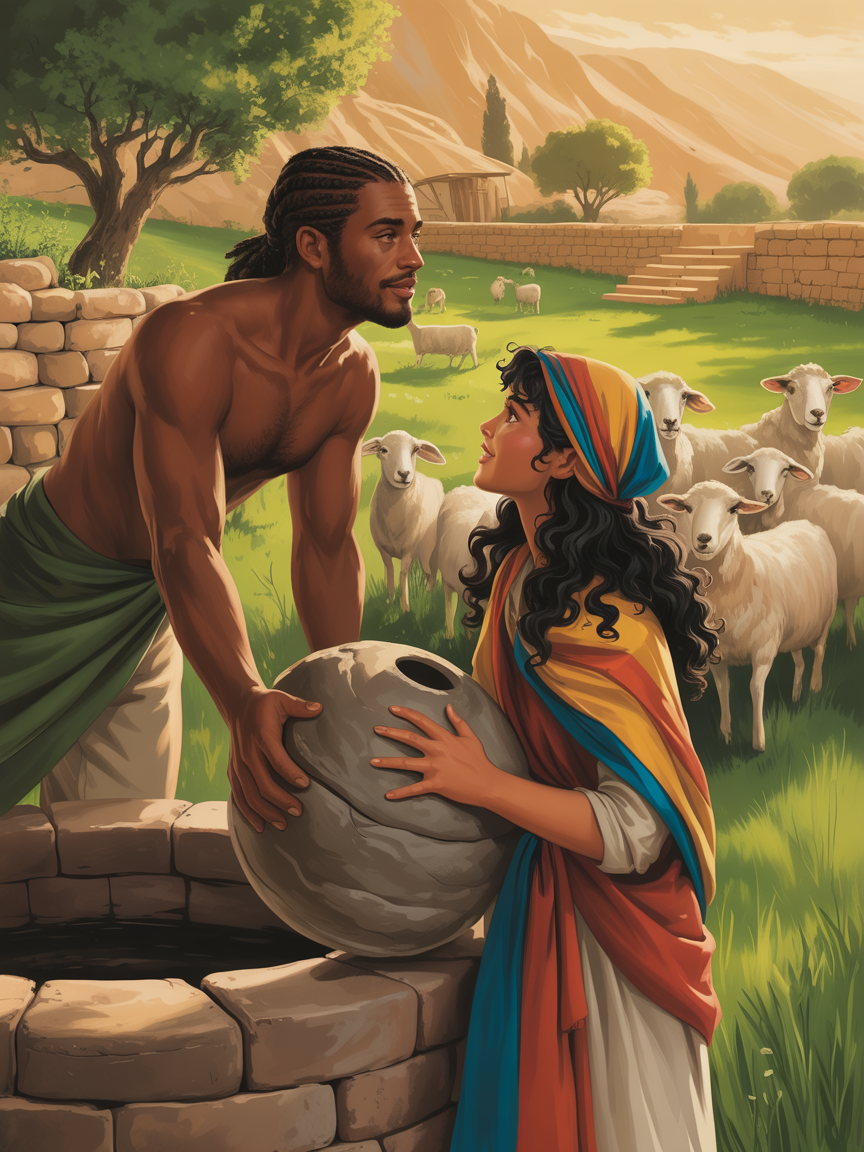 Jacob rolling the stone from the well as he meets Rachel for the first time
