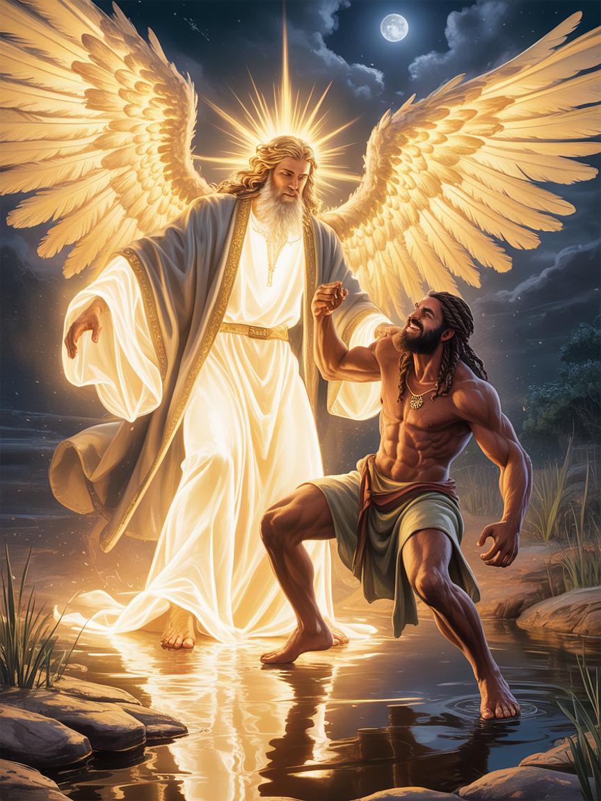 Jacob wrestling the angel at Peniel — dark-skinned man grappling with divine being
