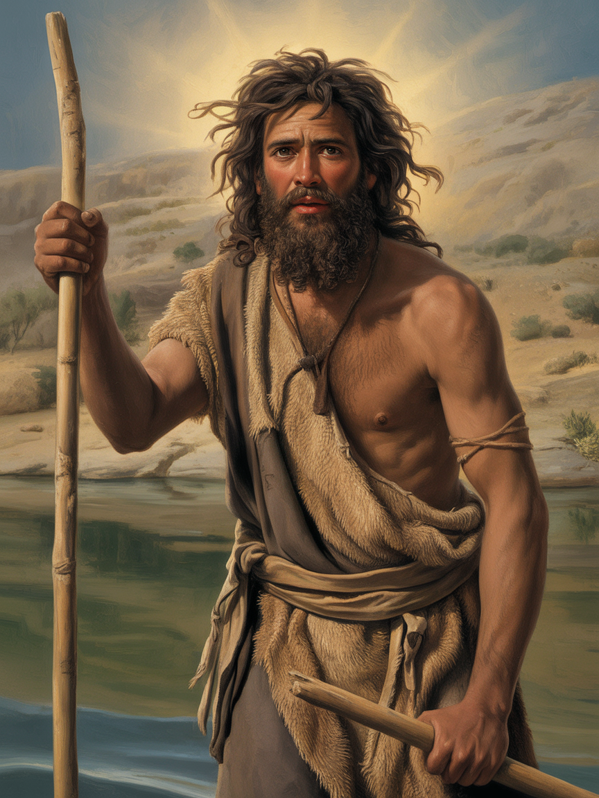 John the Baptist as a dark-skinned Levite priest with wild hair standing by the Jordan River