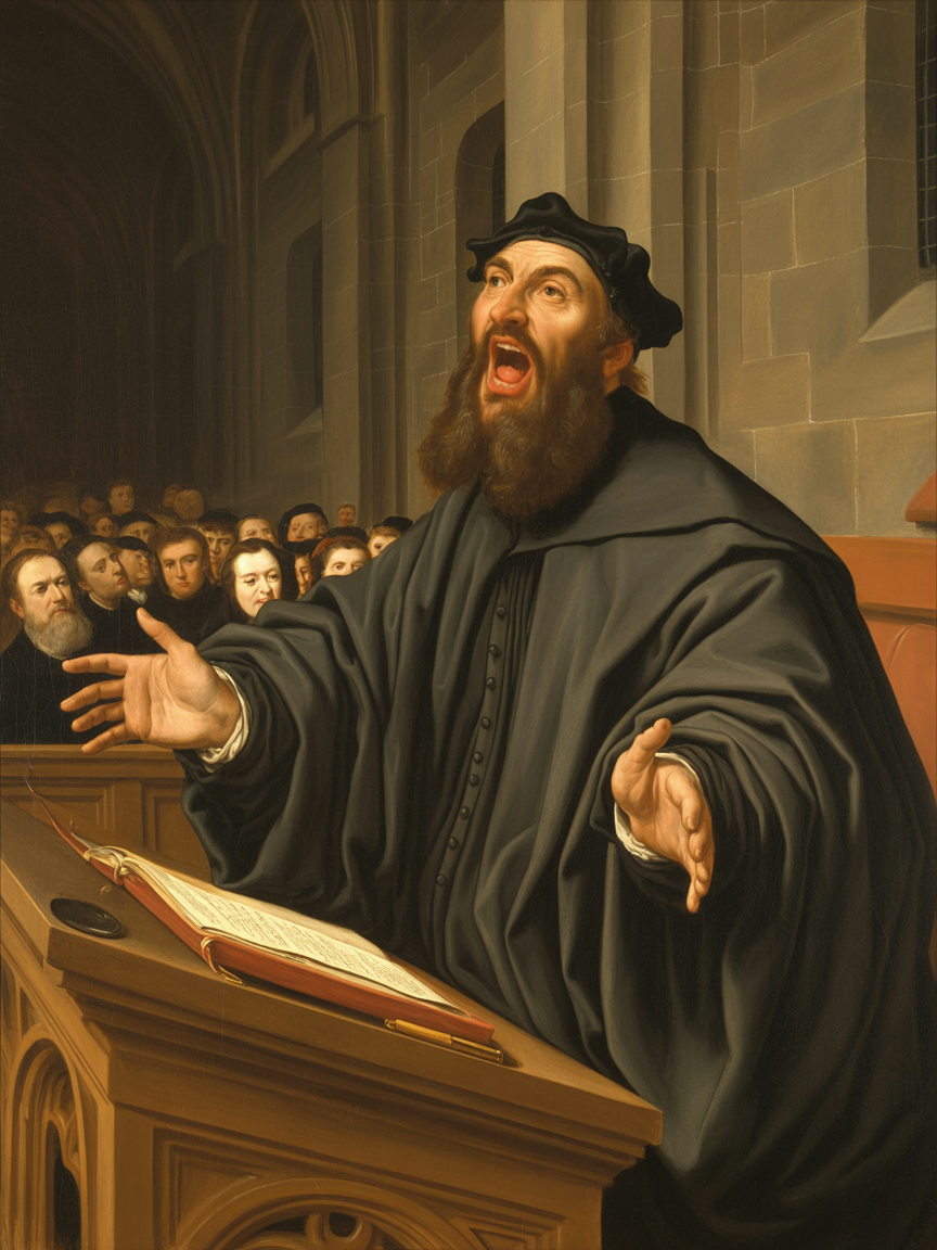 John Knox preaching passionately from a Scottish pulpit