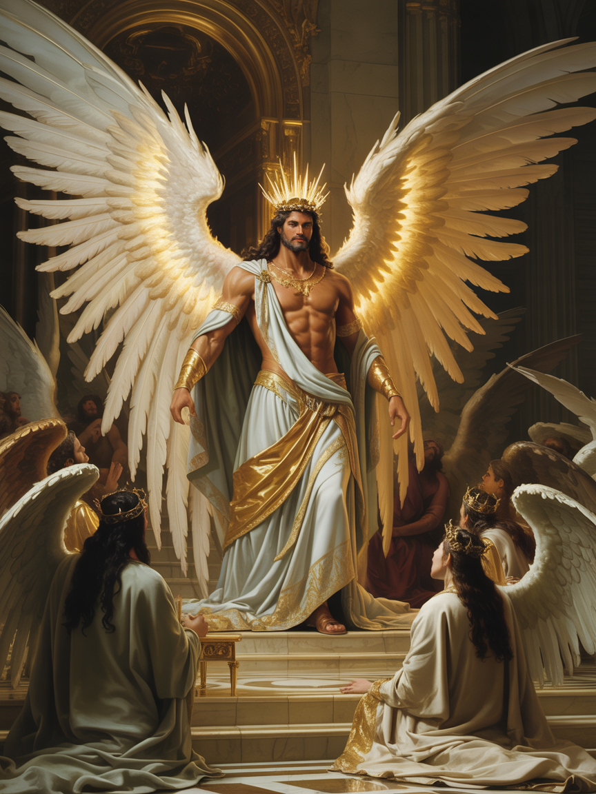 Lucifer the anointed cherub in heaven before his fall — radiant angel in God's presence
