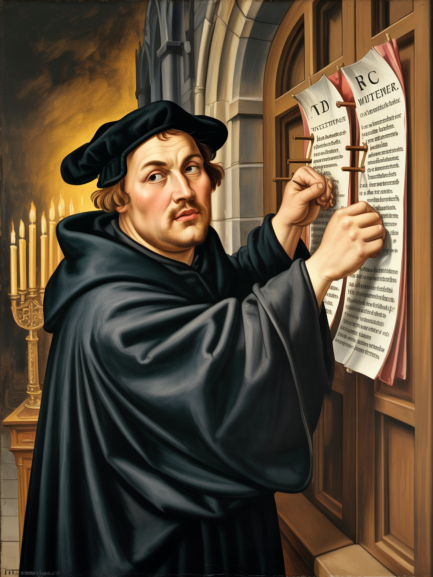 Martin Luther nailing the 95 Theses to the church door in Wittenberg — dramatic Renaissance portrait