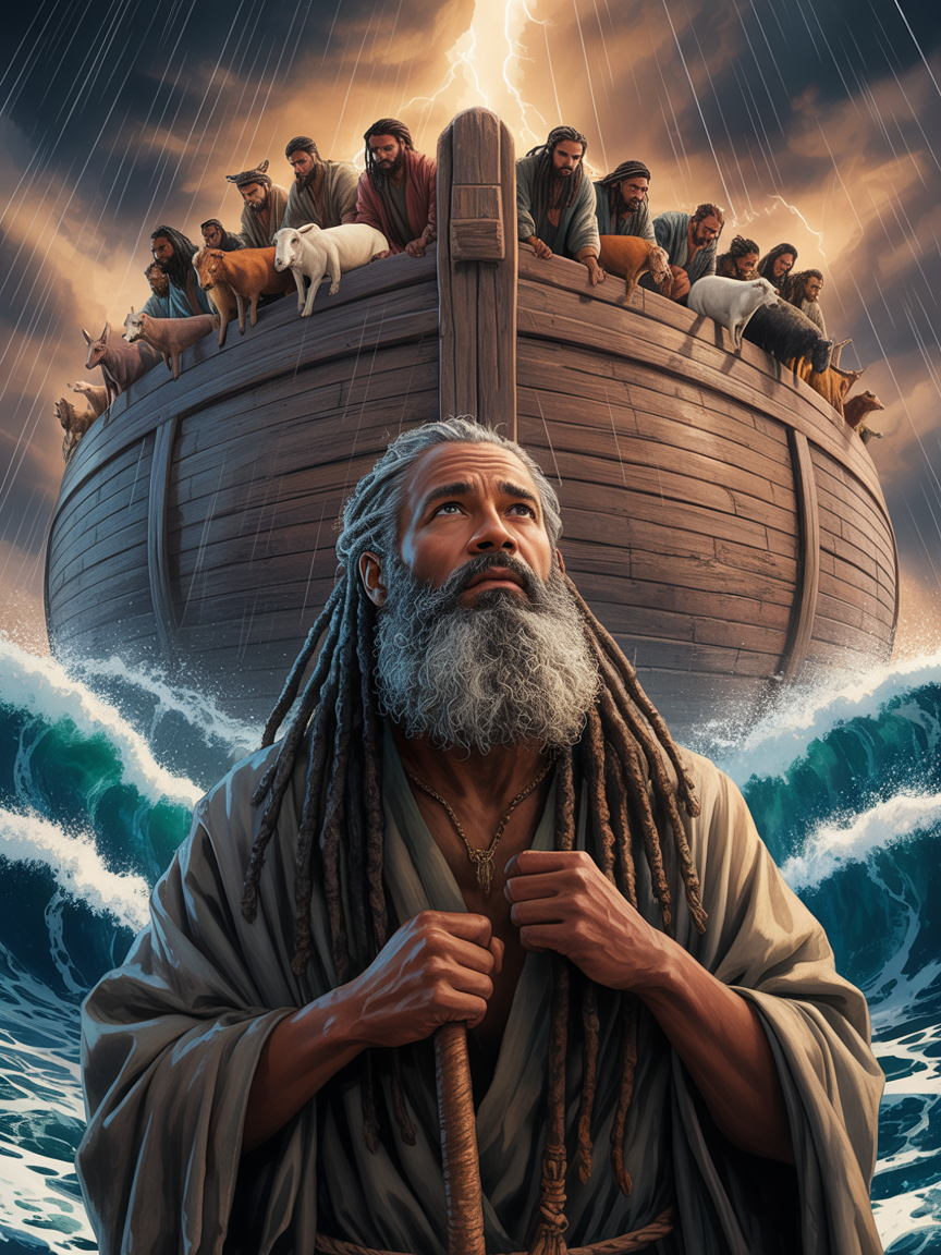 Noah and his family on the Ark during the Great Flood — dark-skinned family with diverse features