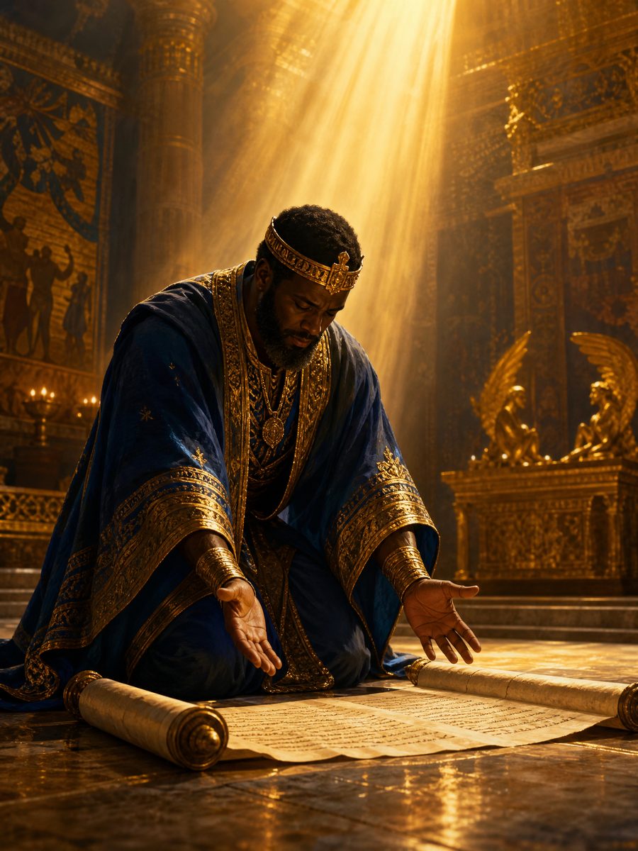 King Hezekiah, dark-skinned, spreading the Assyrian letter before the Lord in prayer