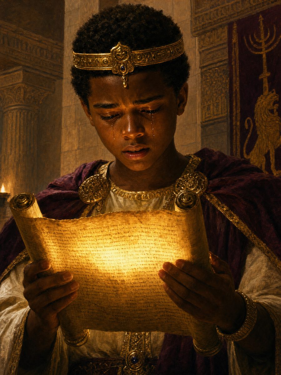 Young King Josiah, dark-skinned, holding the rediscovered Book of the Law