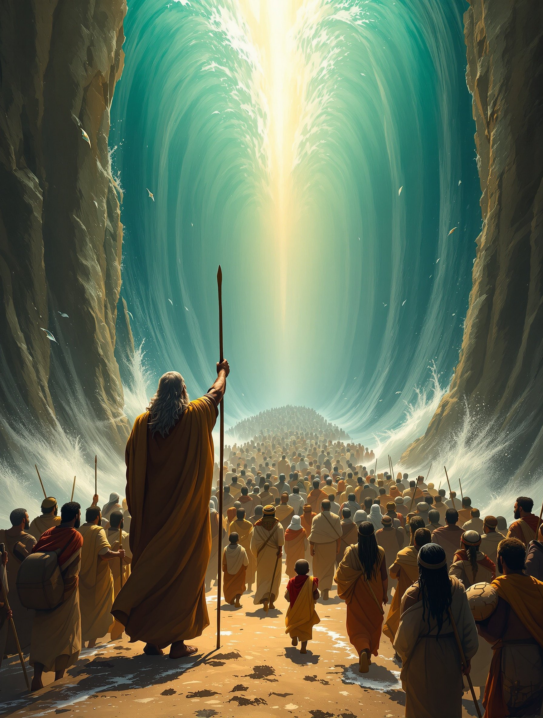 Moses parting the Red Sea with multitudes of dark-skinned Israelites crossing on dry ground