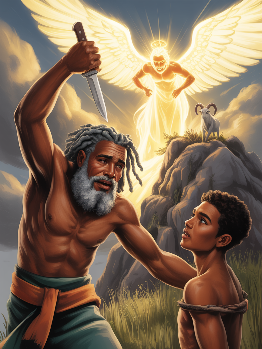 Abraham with knife raised over Isaac on Mount Moriah as the Angel of the LORD intervenes
