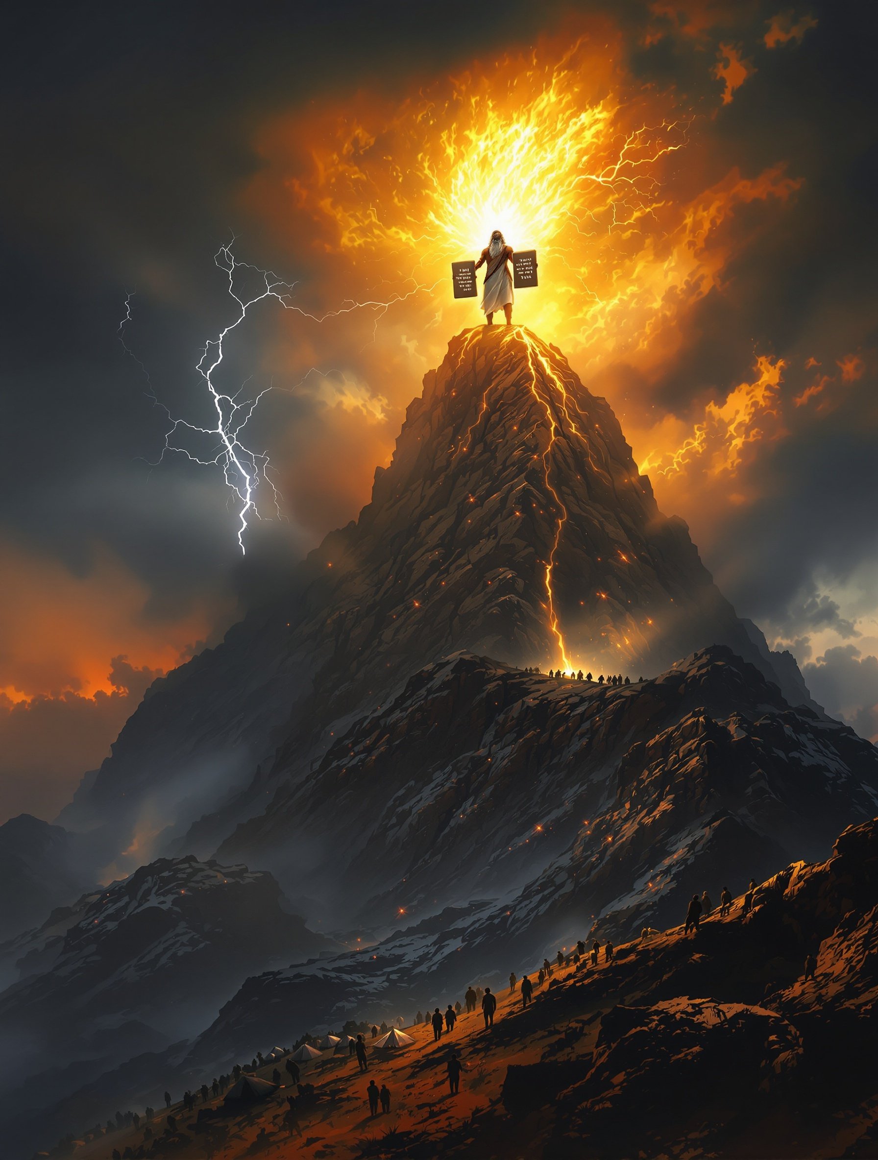 Moses on Mount Sinai holding the stone tablets of the Ten Commandments, his face glowing with divine light
