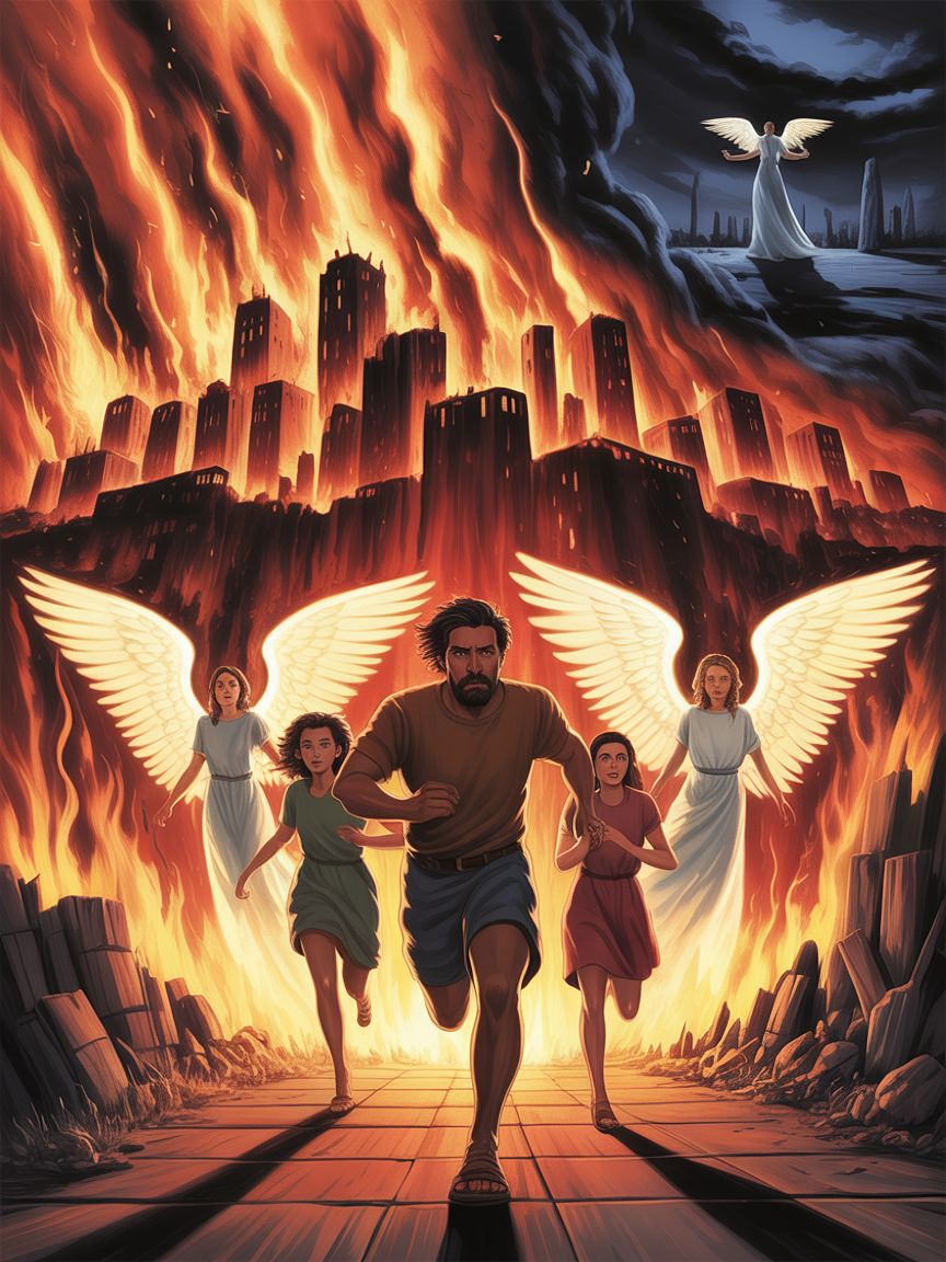 Lot and his daughters fleeing the destruction of Sodom as fire rains from heaven