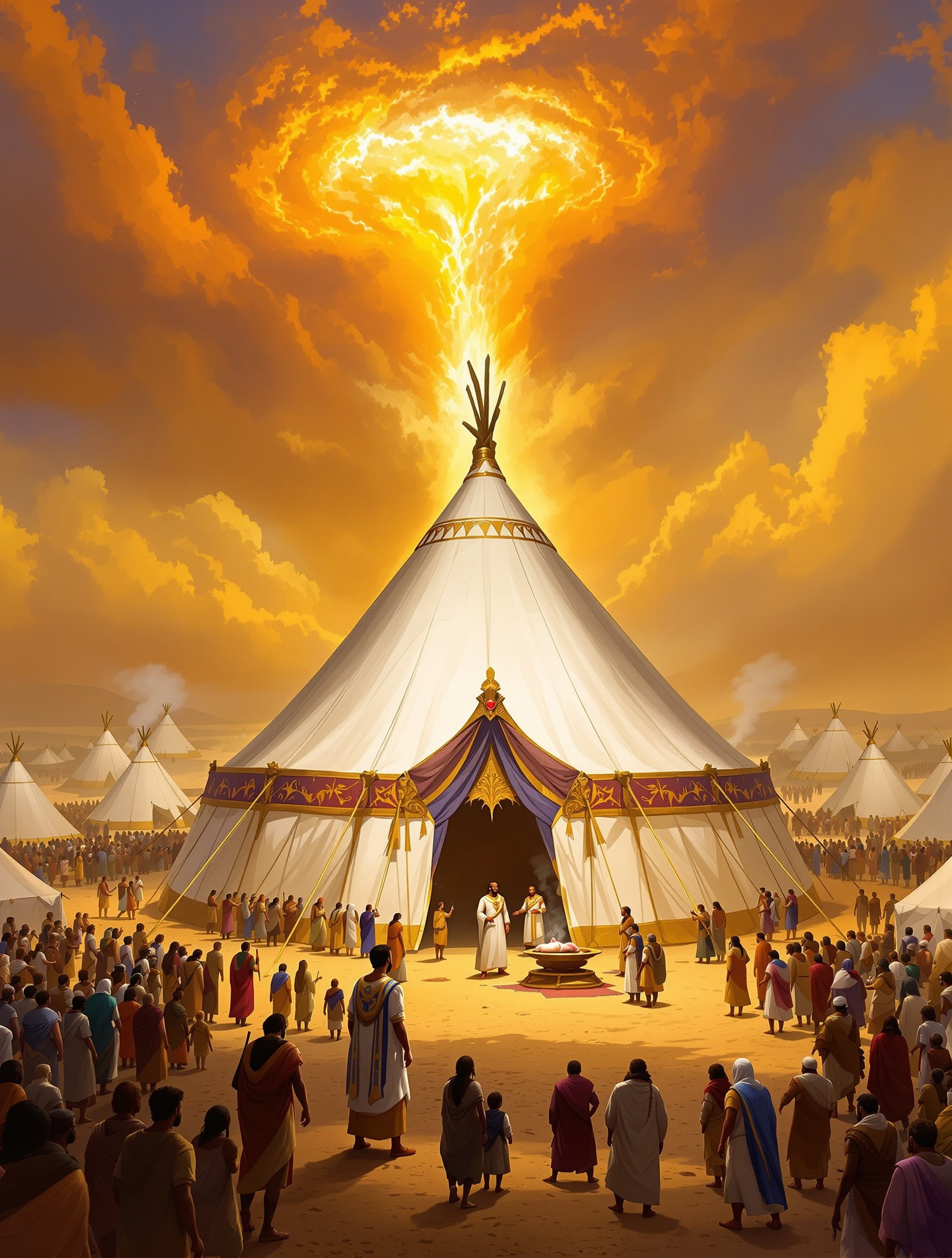 The Tabernacle in the wilderness with the pillar of cloud, a dark-skinned priest at the bronze altar