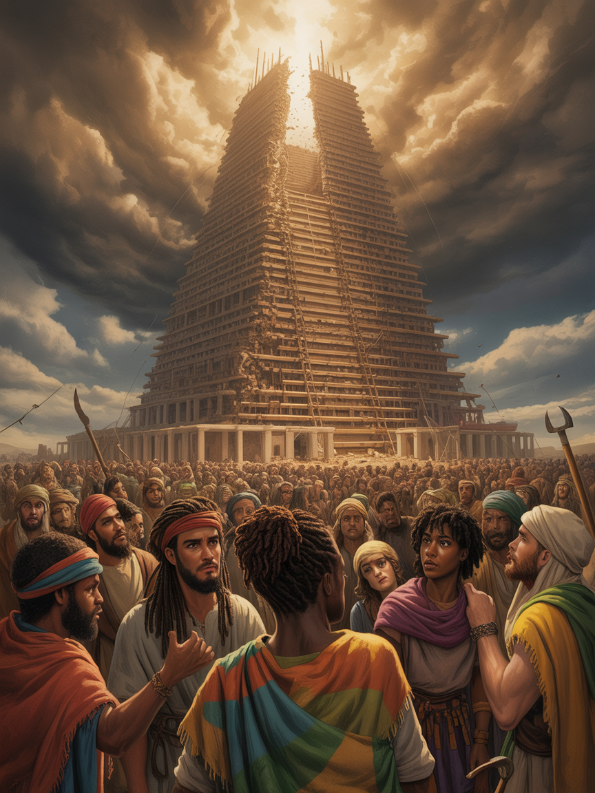 The Tower of Babel with diverse dark-skinned people of many cultures confused by different languages