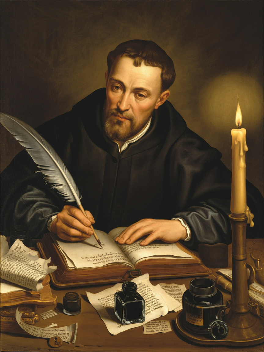 William Tyndale translating the Bible by candlelight