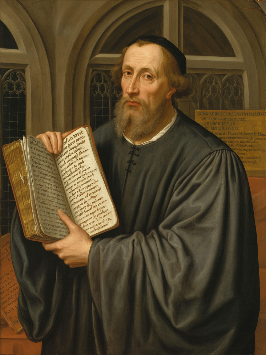 John Wycliffe holding a handwritten English Bible manuscript at Oxford