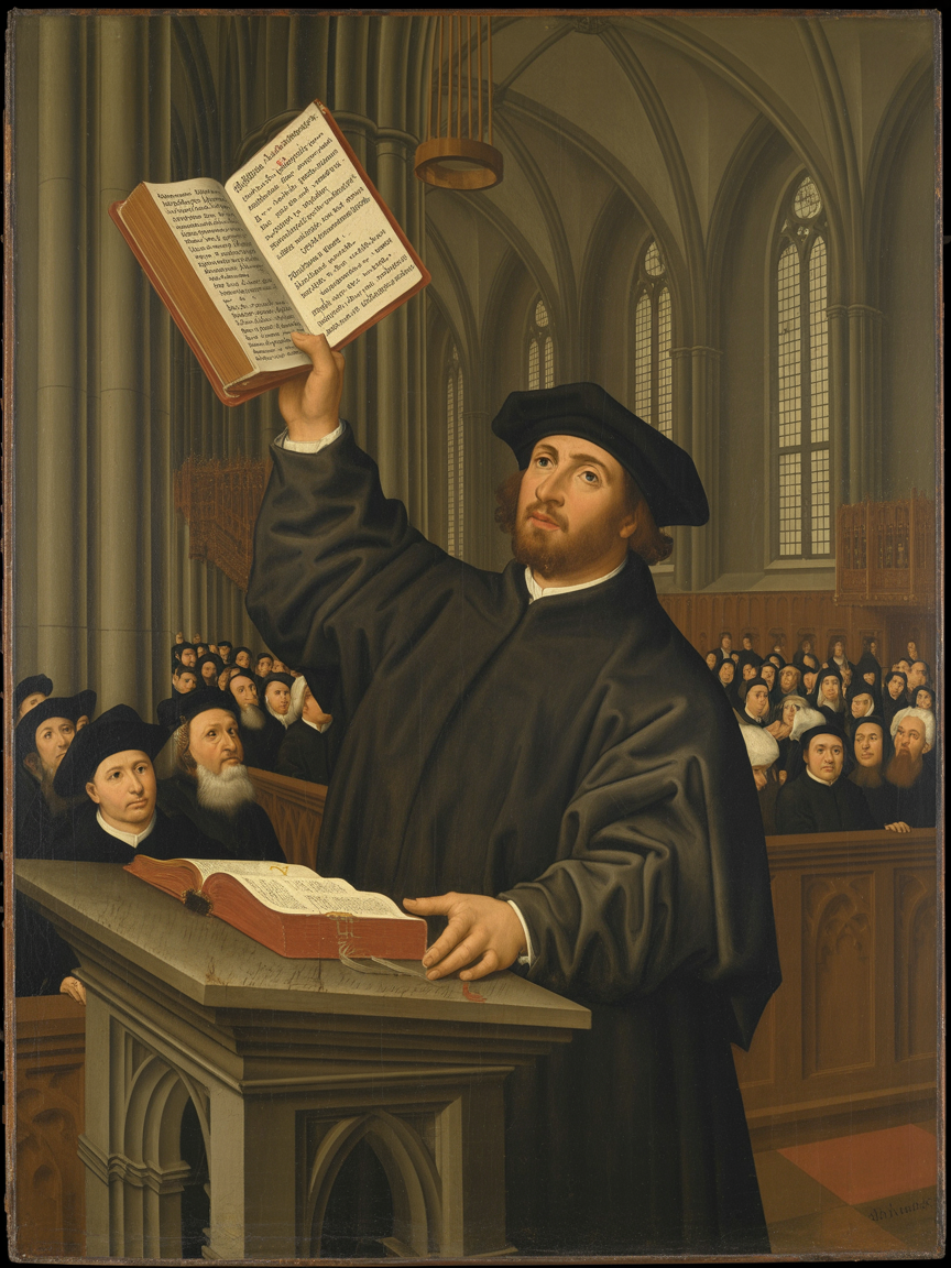 Ulrich Zwingli holding an open Bible above a pulpit in Zurich